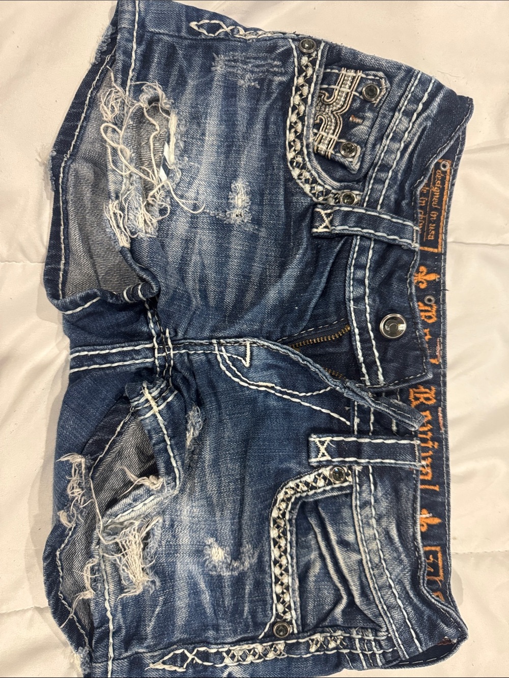 Rock Revival Distressed Dark Blue Denim Shorts with White Stitching